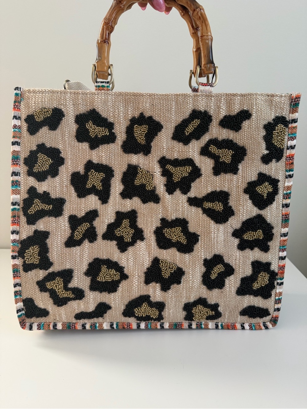 Beaded Leopard Print Tote Bag with Bamboo Handles - Beige/Black